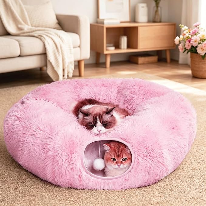 Cat Bed Tunnel Tube Toy Pink Plush | Collapsible Round Tunnels for Indoor Cats, Interactive Toys Play Tubes with Hanging Ball for Kitten, Puppy, Rabbit
