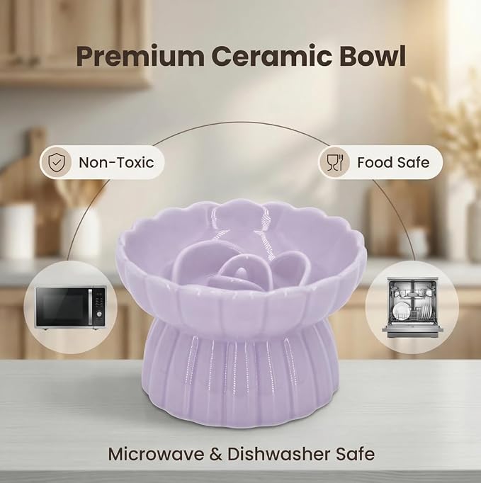 Ceramic Cat Slow Feeder, Raised Slow Feeder Cat Bowl, Anti Vomiting and Whisker Friendly Kitty Dish, Elevated Puppy Kitten Food Bowl for Dry and Wet Food (Purple)