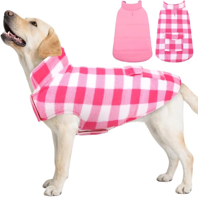 ASENKU Reversible Dog Winter Coat, Dog Jacket for Small Medium Large Dogs | Windproof Plaid Fleece Lining for Cold Weather, Water-resistant Outer Shell, Puppy Puffer Vest with Leash Hole, Pink 3XL