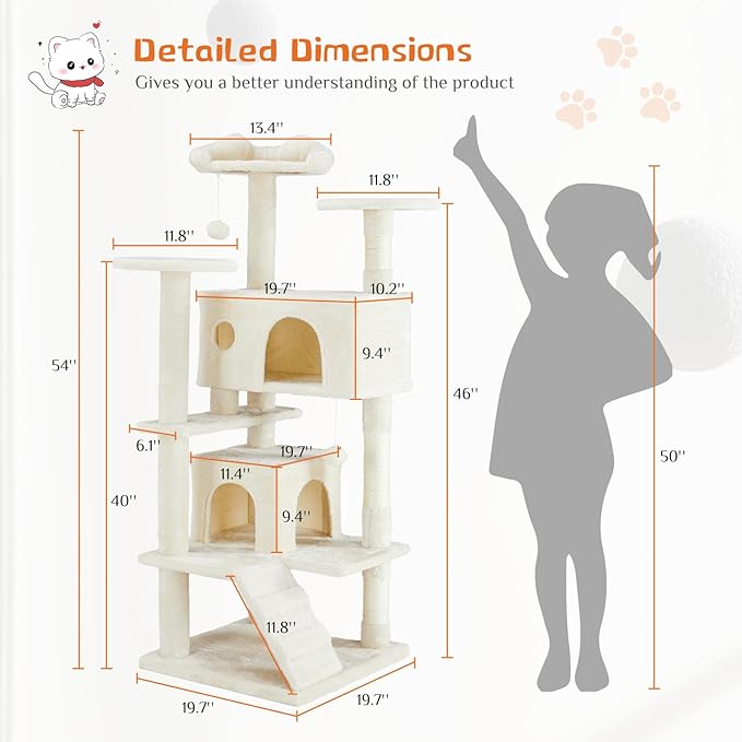 Sweetcrispy 54 Inch Cats Tree Tower with Scratching Post, Beige | Multi-Level Indoor Cat Tree Condo with Climbing Ladder, Plush Toy, Play House for Kittens