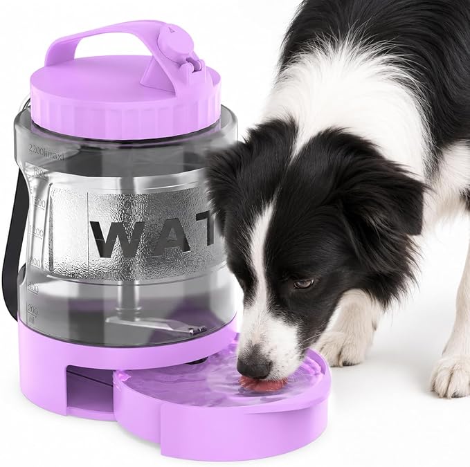 Portable Dog Water Bottle with Travel Bowl, 77 oz/2.2 L, Purple | 2-in-1 portable dog water bottle with pull-out bowl; BPA-free plastic, silicone seal, wide mouth and grip for hikes or travel