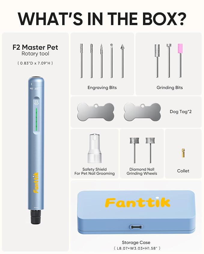 Fanttik F2 Master Pet Quiet Dog Nail Grinder, Safe Pet Nail Trimmer | Electric Rechargeable, LED Light, 5-Speed Variable Paws Grooming Tool Kit, DIY Name Tags for Small Medium Dogs & Cats, Blue