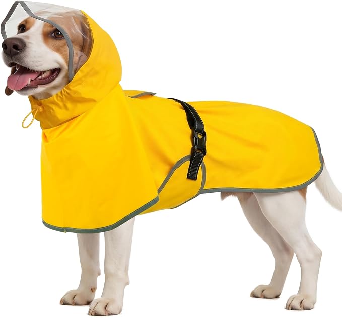 BRKURLEG Dog Raincoat, Waterproof Rain Jacket with Clear Hood for Small Medium and Large Dogs, Adjustable Reflective Pet Rain Coat Poncho with Leash Hole, Yellow L