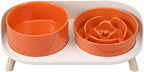 Elevated Slow Feeder Dog Bowls with Splash Proof Stand, Slow Eating 5X | 6.5″ Dog Slow Feeding Bowls & 6.1″ Dog Food Dish, Non-Slip Raised Food and Water Bowl Set for Small and Medium Breeds, Orange