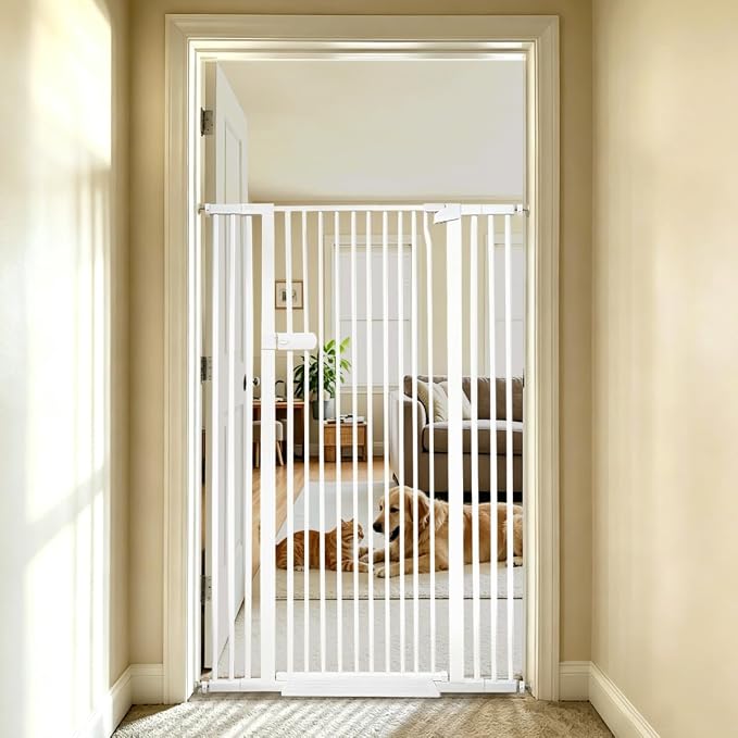 Lumizone Extra Tall Cat Gate 55.12" High 29.92"-42.51" Wide Pet Gate White | Dog Gate for Doorway Hallway Stairs Pressure Mounted Extra Wide 1.37" Gap No Drilling Auto-Close One-Handed Operation