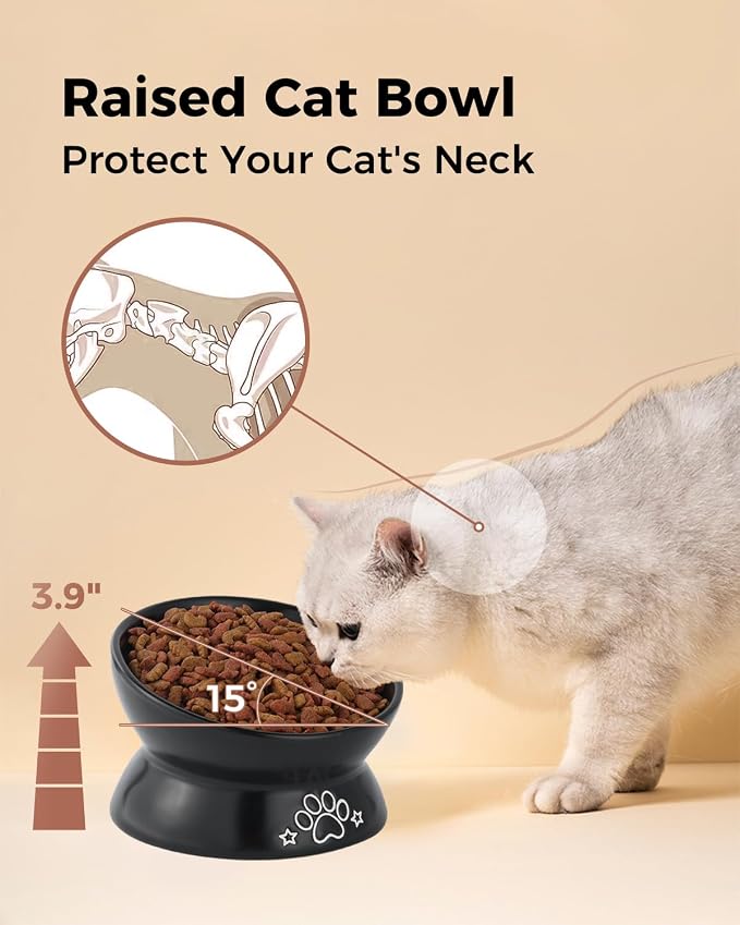 LoeJan Elevated Cat Food Bowl, 5 Oz Ceramic Raised and Tilted Water Bowl, Anti Vomiting and Protect Pets' Spines Dishes for Small Dog, Fat Faced Cat, Kitten (Black Pattern, 1 Pack)