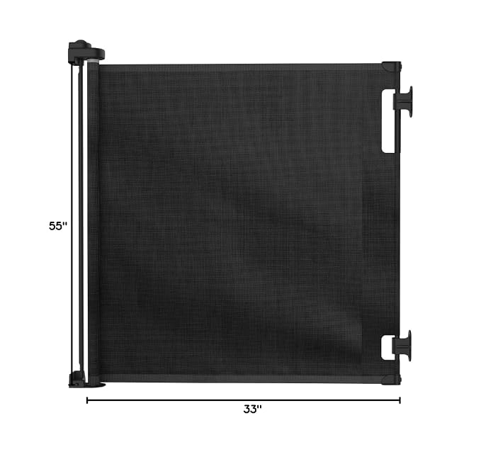 Retractable Baby Gate Perma Child Safety 33" Tall x 55” Wide, Mesh, for Stairs, Doorways, Dogs, Pets, Indoor, Outdoor, One-Handed Operation, Locking, Easy Install, Hardware Mount, Black