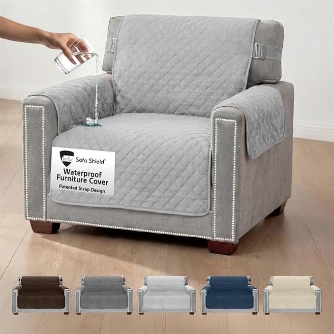 Sofa Shield 100% Waterproof Couch Cover with Patented Straps, Slip & Stain Resistant Furniture Protector, Machine Washable Sofa Slipcover for Dogs Cats Pets Kids, 23 inch Seat, Armchair, Light Gray