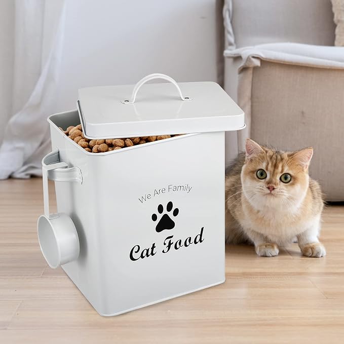 Pet Treat and Food Storage Tin with Lid - 5lbs Capacity - Serving Scoop Included … -CAT