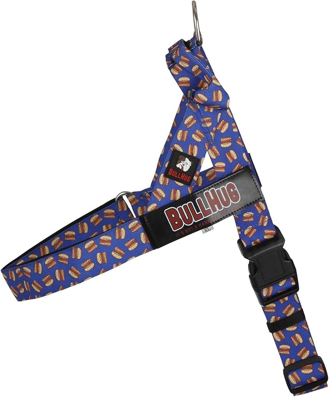 BULLHUG Adjustable Dog Harness– No Pull, No Choke – for English Bulldogs, French Bulldogs, Pugs & Broad-Chested Breeds – Easy, Safe Walks (Blue Burger, Medium)