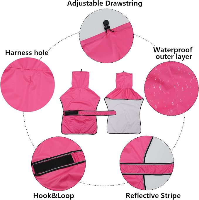 Greyhound Whippet Raincoat Waterproof with Reflective Stripe high Neck fit for Italian Greyhounds Whippets Long Back Breeds - Pink - XXXL