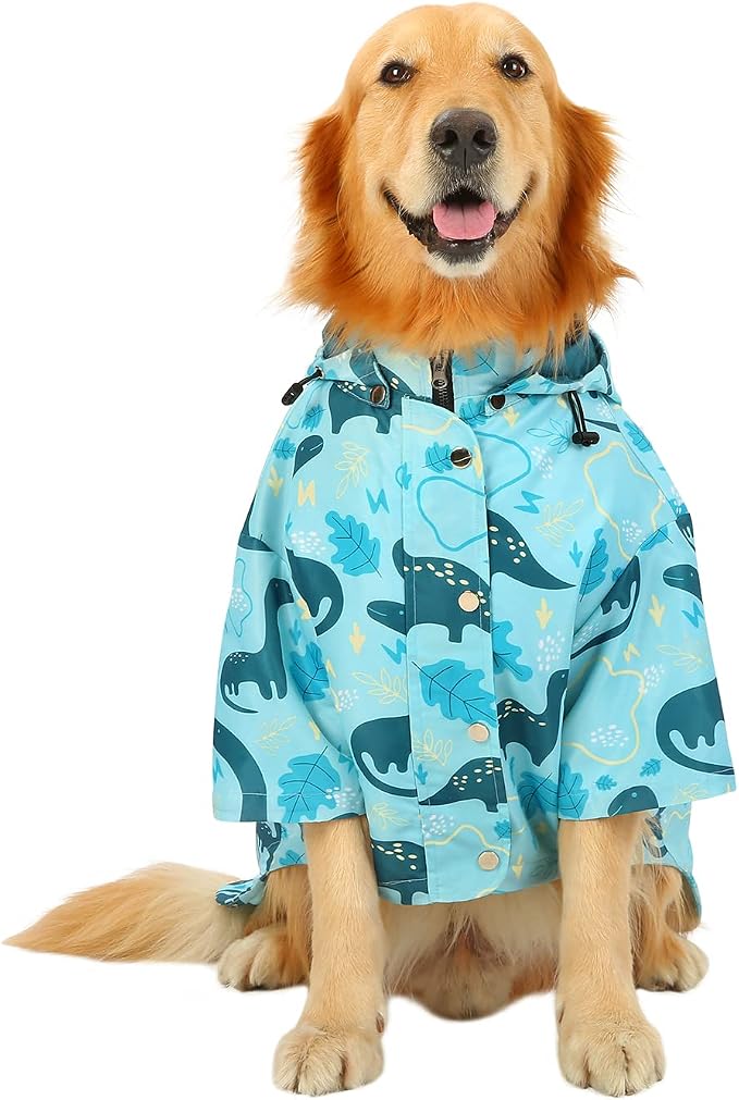 HDE Double-Layer Zip Dog Raincoat Poncho with Removable Hood and Leash Hole for Small to 3XL Dogs and Puppies - Dinosaurs - 3XL - Polyester