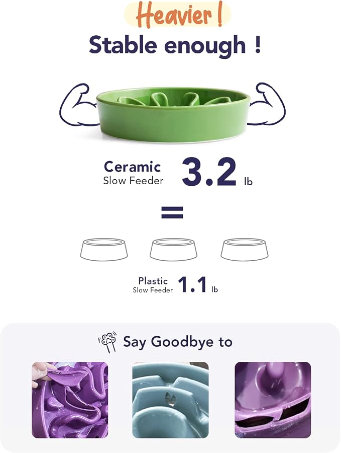 LE TAUCI Ceramic Slow Feeder Dog Bowls Elevated for Small and Medium Breed, Dog Bowls with Wooden Stand, 1.5 Cups Pet Dishes to Slow Down Eating, Anti-Gulping Pet Feeding Dishes, Clover Green