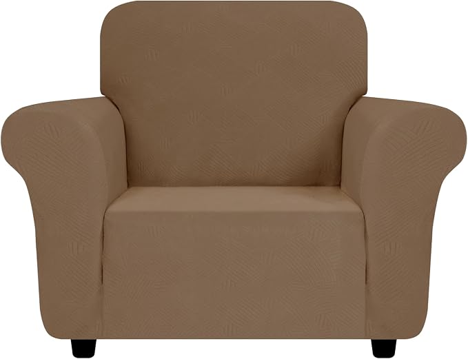 ZNSAYOTX Chair Cover with Arms (30"-47"), New Striped Sofa Chair Covers for Living Room, Dogs Pet Friendly Anti-Slip Chair Protector Spandex Armchair Slipcovers (Light Coffee, Chair)