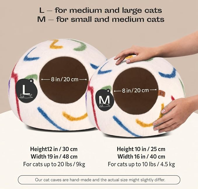 MEOWFIA Cat Cave – Premium Felt Cat Bed Enclosure for Indoor Cats, Handmade Merino Wool (Ivory Rainbow, Medium)