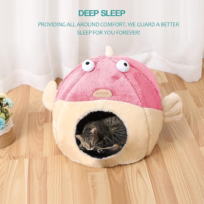 Cat Beds for Indoor Cats-Cat Bed Cave,Cute Lively Pufferfish Shape,Pink L | 2 in 1 Cats House for Kitten with Removable Washable Cushioned Pillow,Soft plush cat Tent for cat Hideaway,Machine Washable