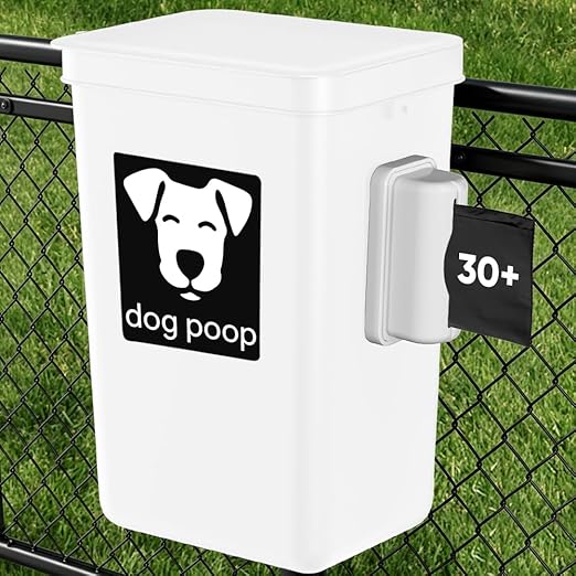 Moryimi Dog Poop Trash Can Outside 3.1 Gallon White | Dog Waste Trash Can with Trash Bag Dispenser, Outdoor Dog Poop Trash Can with Lid, White Hanging Trash Can for Fence, Garbage