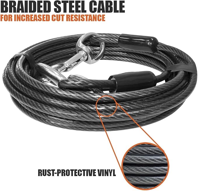 BV Dog Tie Out Cable 25 Feet - Heavy Duty Dog Lead Up to 250 Pounds - Reflective & Rust-Free with Quick Release Swivel Clips & 360° Rotating Clasp - Tangle-Free Dogs Runner for Yard (Grey, Single)