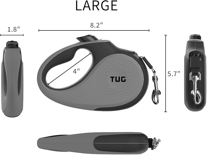 TUG 360° Tangle-Free Retractable Dog Leash with Anti-Slip Handle | 16 ft Strong Nylon Tape | One-Handed Brake, Pause, Lock (Large, Grey)
