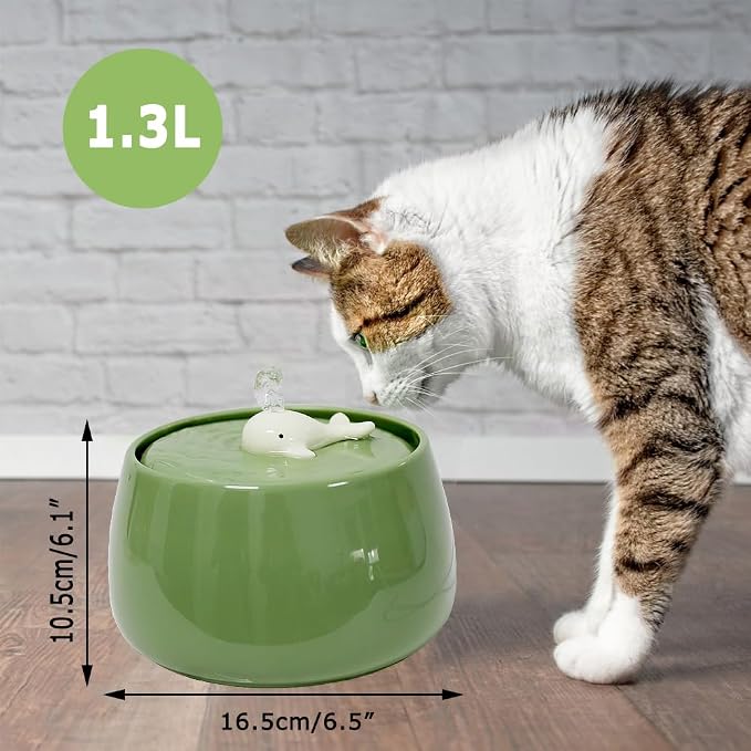 Ceramic Cat Water Fountain, 45oz/1.3L Green Pet Water Dispenser | Automatic Pet Water Bowl, Ultra Quiet Cat Water Fountain with Activated Carbon Filter, Perfect for Cats and Small Dog