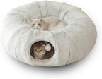 Large Cat Tunnel Bed for Indoor Cats with Hanging Pompom Toys | all-in-one donut cat bed for resting and playing, supports up to 22 lbs (33.46x33.46x11.49, Gray)