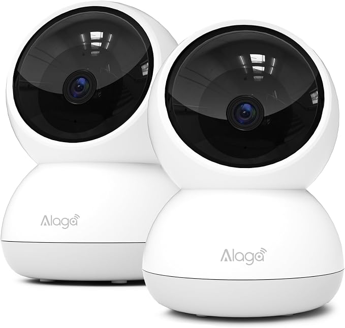 Alaga Indoor Security Camera,3K 5G and 2.4G WiFi, 360° Pan/Tilt, Human/Pet/Motion AI, Night Vision, Speaker, Indoor Camera with Phone App, Compatible with Alexa & Google Assistant，2-Pack White