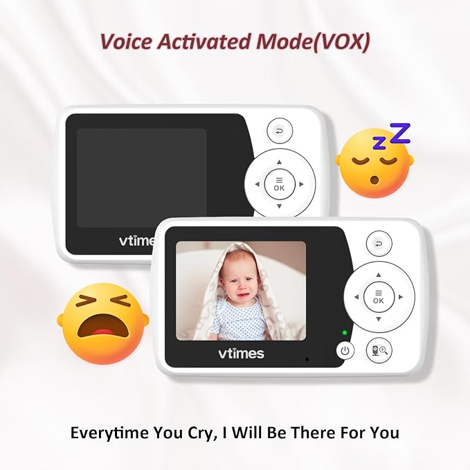 VTimes Baby Monitor with Camera and Audio, No WiFi, 2.4" LCD Screen, Two-Way Talk, Portable, Night Vision, 1000ft Range, Temperature Sensor, Alarm and Lullaby, for Baby Shower