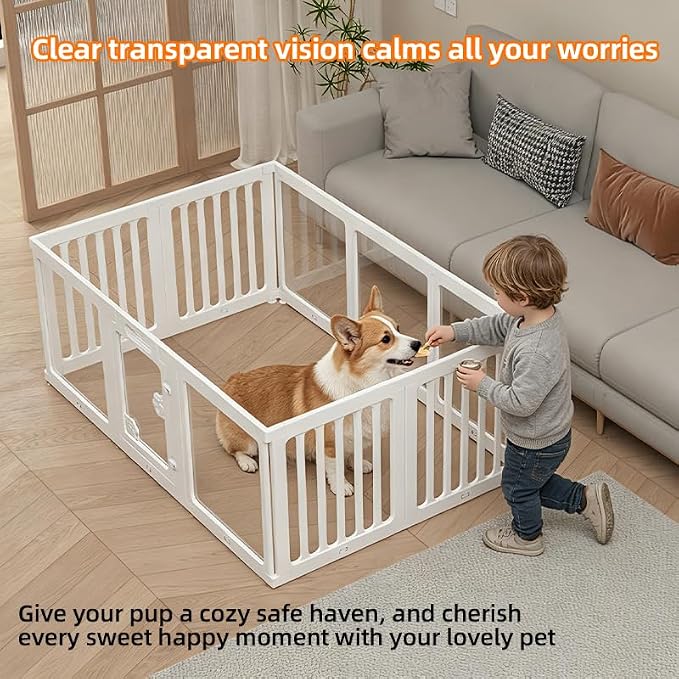 Clear Acrylic Dog Playpen with Door, DIY Custom Free Combination Pet Fence, 24" H 10 Panels, Non-Slip Stable Base, Easy to Set Up & Clean Plastic Play Yard for Dogs, Cats and Small Pets（White）