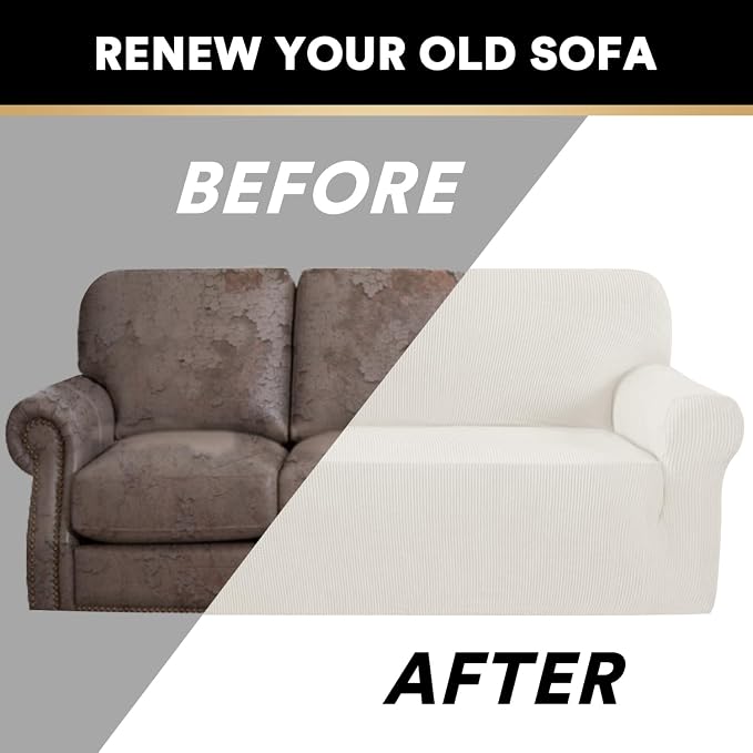 Stretch Sofa Cover Slipcover Couch Covers for 3 Cushion Couch Furniture Protector Sofa Covers with Non Slip Elastic Bottom Dogs Pet Friendly Fitted(Large Sofa 90"-100",Porcelain)