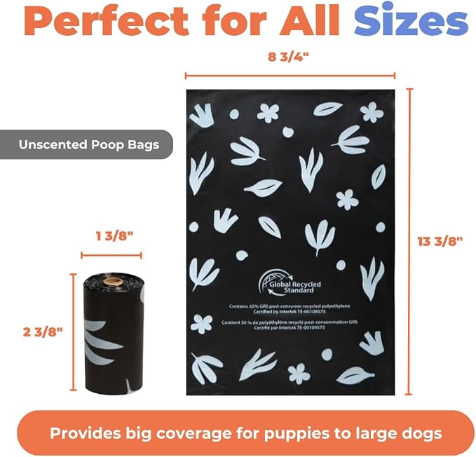 Best Pet Supplies GRS Poop Bags for Dogs - Black, 150 Count, Unscented | Unscented, 50% Post-Consumer Recycled Plastic, Leak-proof, Easy-Tear perforations, Thick Bags, Fits Standard Holders