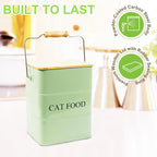Cat Food storage container Cat Treats Jar,5~6 lb Metal food treats tin for Cat, pet snacks Canisters with wooden lid/handle/sevice scoop-Green
