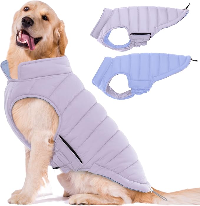 Lelepet Reversible Dog Coat Windproof Dog Puffer Jacket Lightweight Vest | Winter Jacket Warm Cold Weather Coat for Medium Dogs Adjustbale Hook & Loop Pet Apparel with Leash Hole, French Bulldog, L
