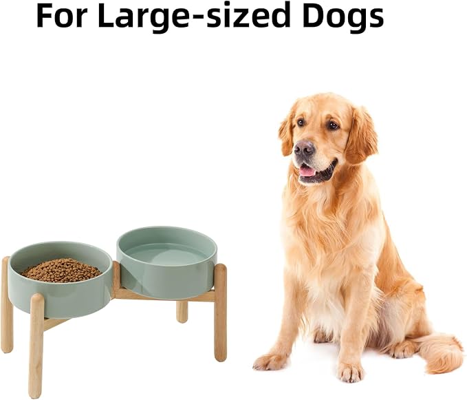 Havniva Elevated Dog Bowls Ceramic Dog Bowls with Stand, Dog Food Bowl | 8.3” Raised Dog Bowls with Non-Slip Wood Stand, Dog Food and Water Bowl Set, Double Dog Feeding Bowls for Large Dogs