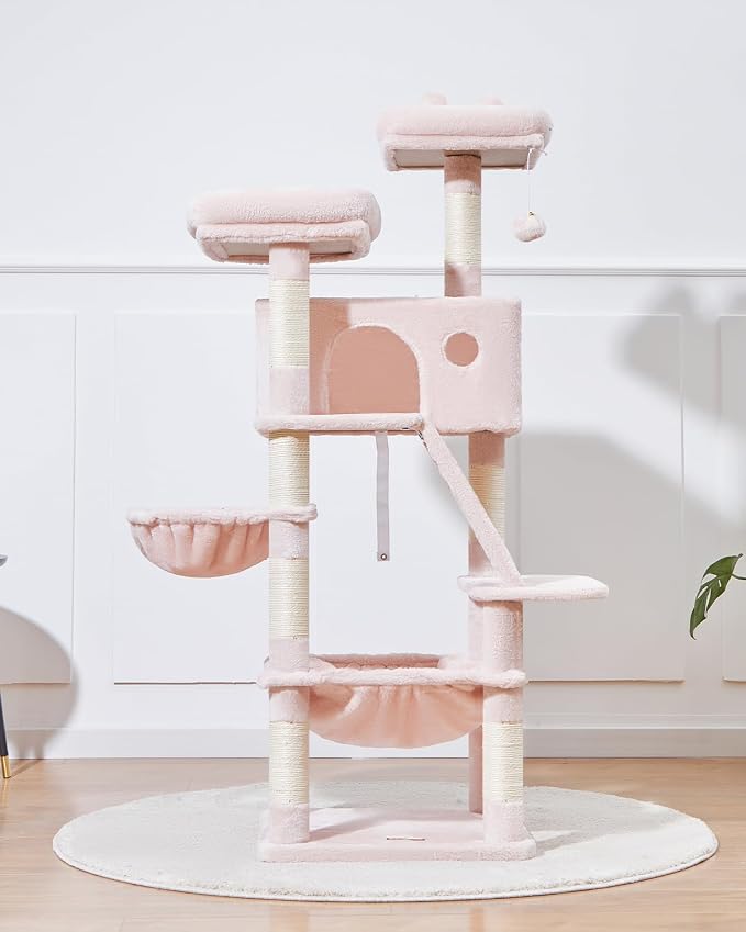Taoqimiao Sturdy Cat Tree, 58In Cat Tower for Indoor Cats Large Adult | Spacious Cat Condo, 2 Cute Perches, Metal Frame Cozy Hammock, 1 Scratch Board, 8 Natural Sisal Posts, Basket, Pink, MS026P
