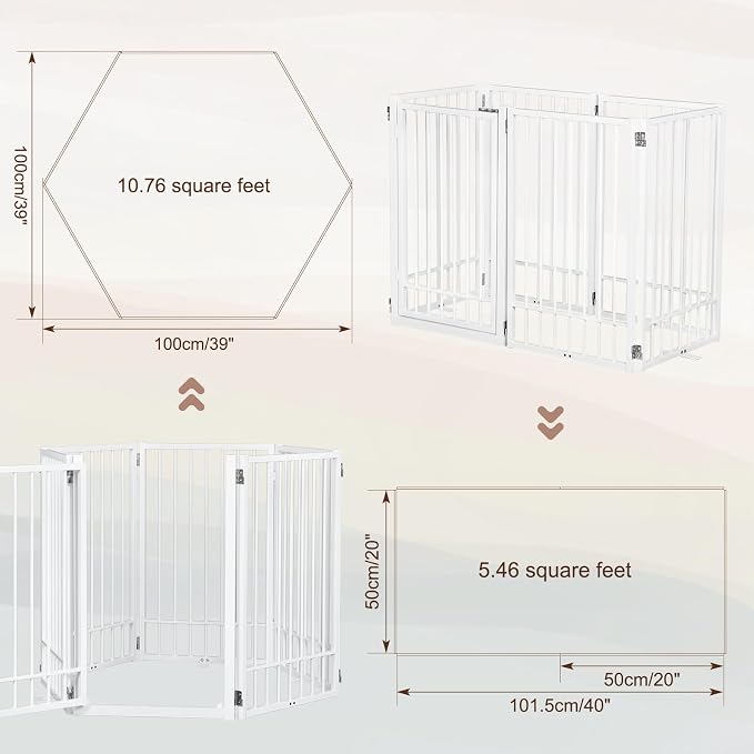 Metal Freestanding Dog Gate with Door, Extra Wide 121", 31" Height Foldable for Doorways, Tall Fence Indoor Pet Barrier for Stairs Hallways, 6 Panels, White
