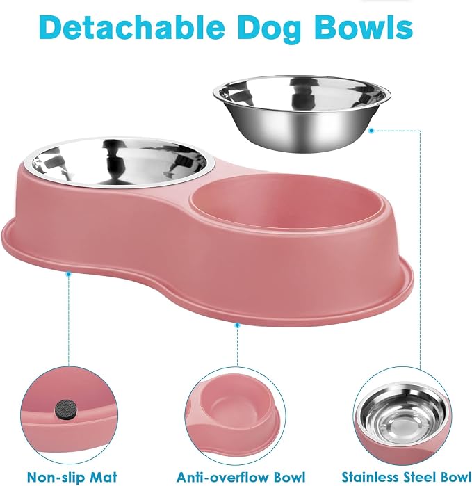 Epetslove Stainless Steel Dog Bowls Double Non-Slip Dog Water and Food Bowl | Pet Feeder Bowls, Dog Dishes, Raised Feeding Design, Double Bowls Set, For Puppies, Medium Dogs and Cats, Outdoor / Indoor