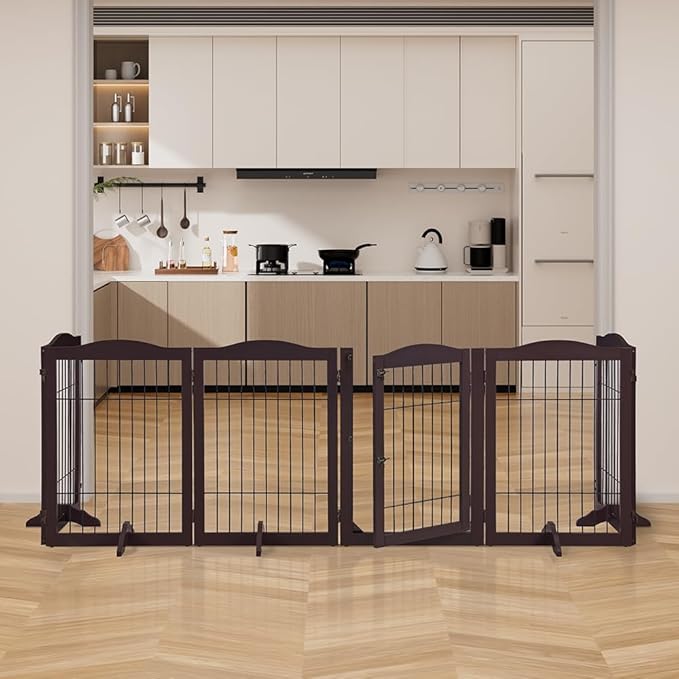 unipaws 132" Extra Wide Dog Gate and Pet Playpen with Walk Through Door | Free Standing Tall Dog Fence, Barriers for Home, Use as Indoor Dogs Cats Pen, Rabbit Pen, Espresso
