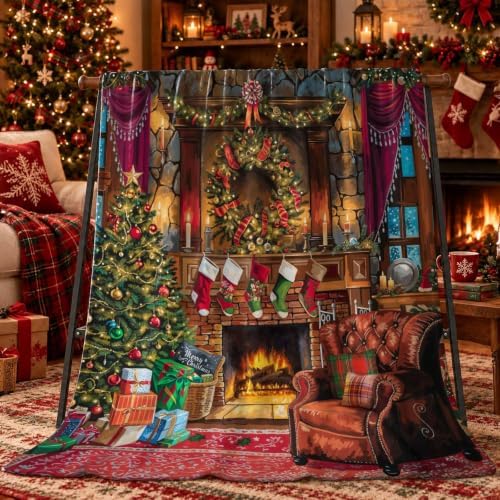Neasow Christmas Throw Blanket, Christmas Eve Fireplace Tree and Puppy Design Soft Fuzzy Cozy Flannel Blanket Gift for Family and Friends Home Sofa Couch Chair Decorative 50x60 Inch - Image 2