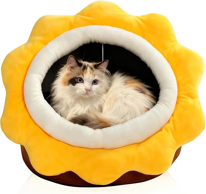 Cat Beds for Indoor Cats - Sun Flower Shaped Cute Cat Cave Bed,Brown L | Super Soft Plush Calming cat Tent house for Kitten&Puppy with Toy,Machine Washable&Thick and Removable Sushion,cat Hideaway
