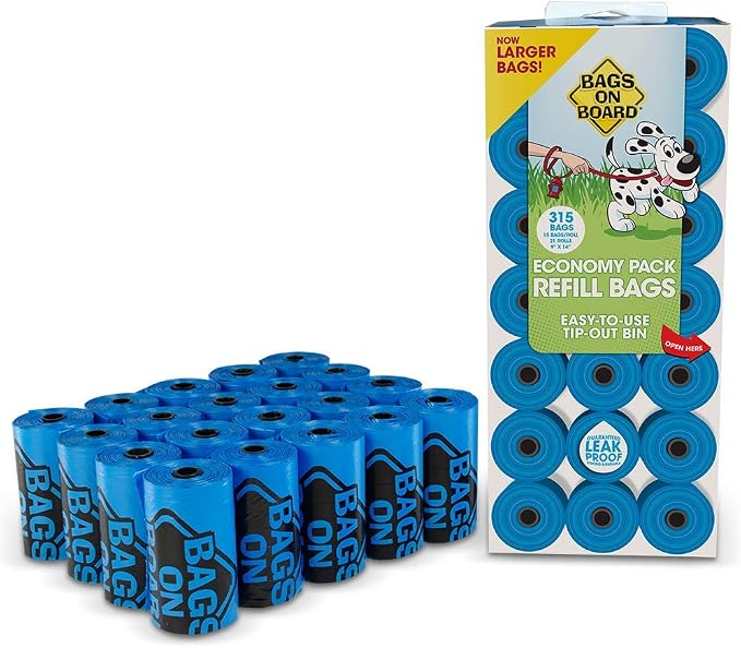 Bags on Board Dog Poop Bags, Strong Leak Proof Waste Bags, 315 Count | Strong Leak Proof Dog Waste Bags, 9 x 14 Inch Size, Durable Cleanup Solution, Blue Bags, 315 Count Refill Pack