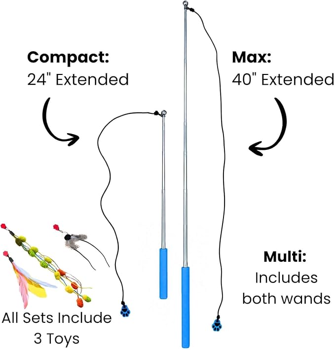 Magnetic Catch Wand V2 (Max 40") Cat Toy - Interactive Telescoping Wand for Indoor Cats and Kittens, Stronger Magnetic Catch, Durable Paracord, Ergonomic Handle, 3 Toy Attachments, (Max 40")
