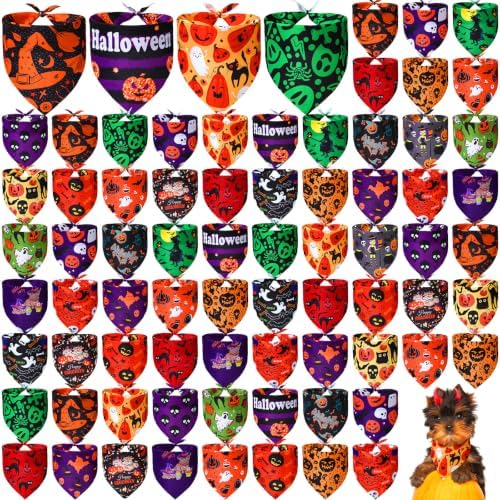 100 Pcs Large Halloween Dog Bandanas Bulk, Pet Costume Accessories by Locmeo