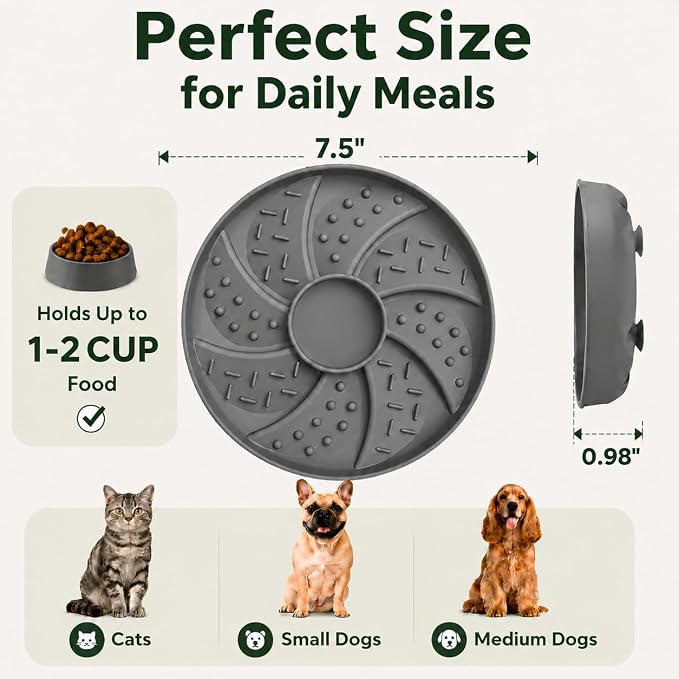 Slow Feeder Dog Bowl Silicone Suction Cup Anti Spill Dogs Cats Grey | strong suction base prevents sliding, extends mealtime, reduces anxiety, textured surface, dishwasher safe