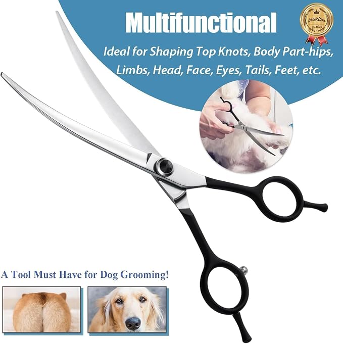 Curved Dog Grooming Scissors 7 Inch Pet Trimming Shears | Professional Safety Shears, Downward Curved Design, for Trimming Face and Paws, for Dogs and Cats, Sharp & Precise, Black