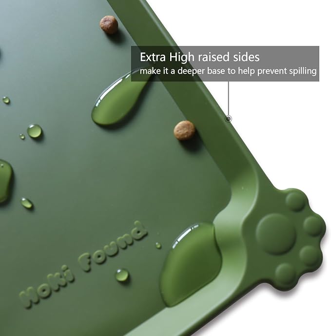 Hoki Found Silicone Pet Food Mat - High-Lips Dog Cat Bowl Placemat - Waterproof, Dark Olive