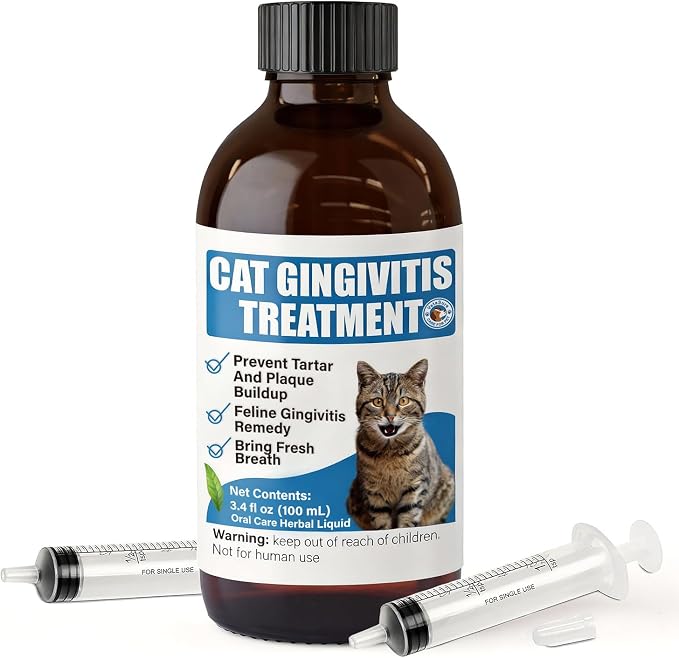 Cat Gingivitis Treatment Liquid 100ml - Cats Dental Care Clean Teeth & Gums, Eliminate Bad Breath, Natural Extracts Lessen Tartar & Plaque, Include 3 ml Dropper with Cap