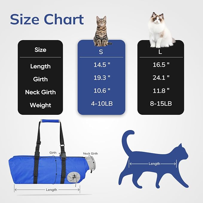 Cat Carrier Pouch, Soft Cat Grooming Restraint Bag for Vet Visits, Nail Trimming,Dental Care & Medication, Comfortable Cats Carry Bag with Bottom Support for Car Travel,Blue S(4-10lbs)