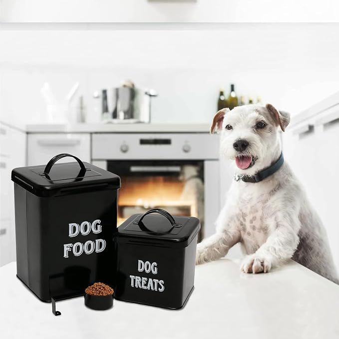 Morezi Dog Food Storage Container Farmhouse Pet Food Treats Holder with Lid and Scoop, Perfect Sturdy Canister Tins for Kitchen Countertop, Shelf, Great Gift for Pet Owners, 5 lbs Capacity - Black