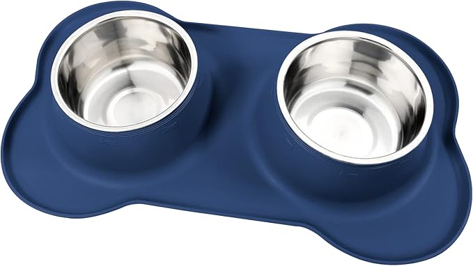 AsFrost Dog Food Bowls Stainless Steel Dog Food & Water Bowl Set with No Spill No Slip Silicone Mat, Dog Dishes for Small Medium Size Dogs Pet Cat Puppy Food Feeding Bowls, Blue, 24oz, 3 Cup