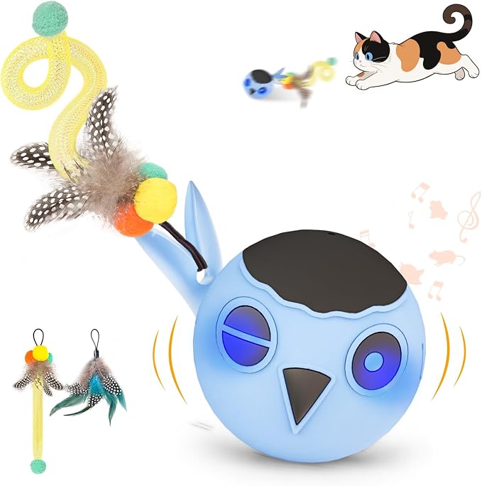 Cat Toys, Interactive Cat Toys for Indoor Cats, USB Rechargeable Electronic Smart Exercise Kitten Toy, Motion Chirping Activated Moving Ball (Blue)
